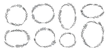 Bir demet çiçek çerçevesi. Çiçek, yaprak, bitki, çiçek gibi bitki elementleri. El çizimi vektör illüstrasyonu