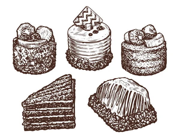 甘いパン屋 デザートスケッチセット 食べ物 果物とケーキ パイの一片 — ストックベクタ