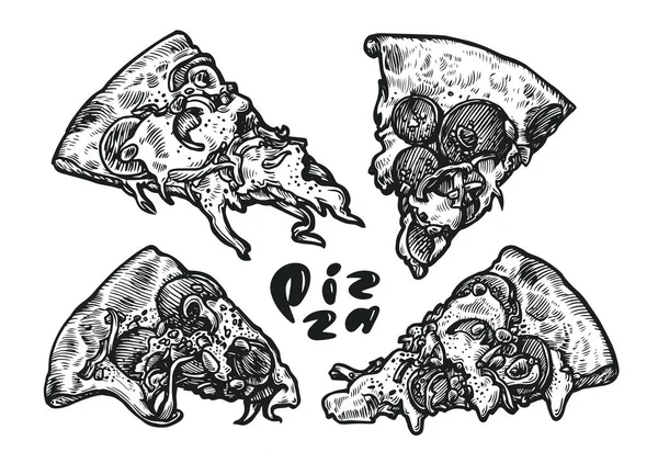 Куски Пиццы Изолированы Белом Фоне Итальянский Пищевой Скетч — стоковый вектор