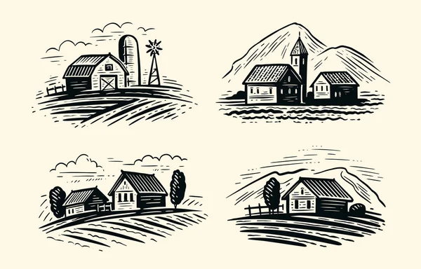 Dorflandschaftsskizze Weingut Handgezeichnete Landwirtschaftliche Plantage Mit Rustikalen Häusern — Stockvektor