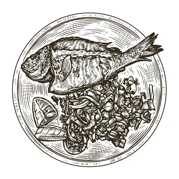 Peixe Cozido Com Guarnição Travessa Cozinha Frutos Mar Ilustração Vetor — Vetor de Stock