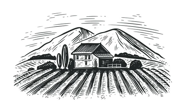 Landelijk Boerenlandschap Graveerstijl Handgetrokken Landbouw Landbouw Vector Illustratie — Stockvector