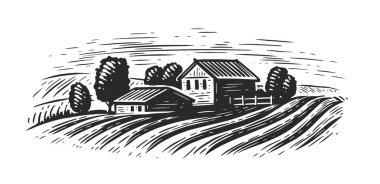 Kırsal arazi tarlaları. Kırsal kırsal görünüm eskiz vintage vektör çizimi