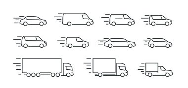 Taşıma simgeleri doğrusal olarak ayarlandı. Araba, kamyon, teslimat sembolü vektörü