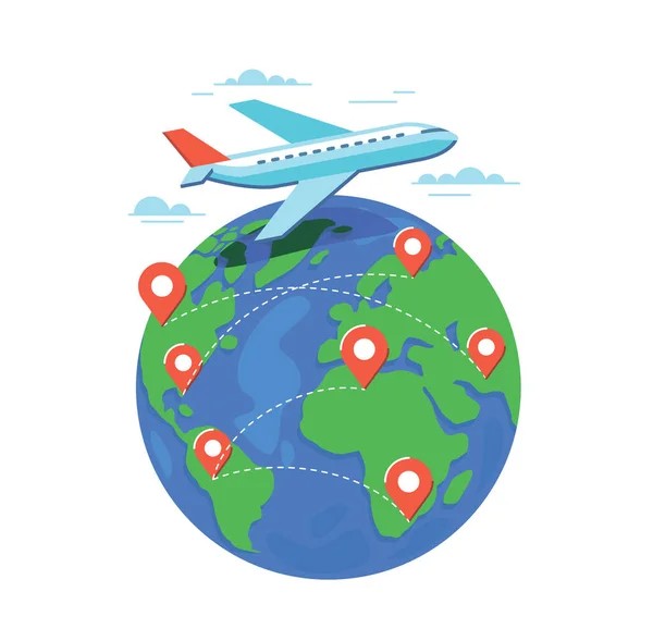 Plane Flying Earth Pins Travel Flat Design Vector Illustration — 图库矢量图片