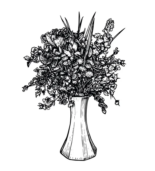 Blumen Der Vase Vorhanden Florale Komposition Skizze Vintage Vektor Illustration — Stockvektor