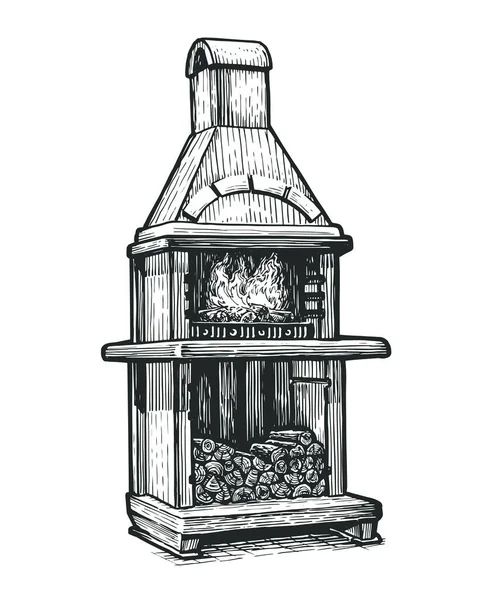 屋外石焼きオーブン バーベキュースケッチヴィンテージベクトルイラスト — ストックベクタ