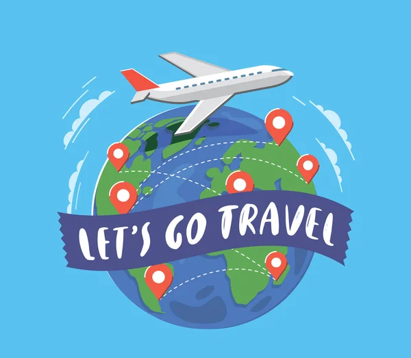 Airplane Flying Earth World Travelling Concept Flat Cartoon Vector Illustration — Stockvektor