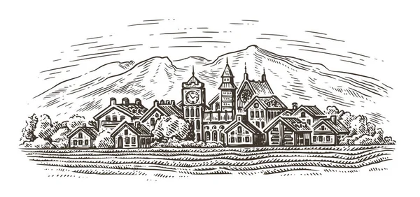 山の風景を背景に旧市街 ヴィンテージレトロなスタイルで手描きスケッチの刻まれたイラスト — ストックベクタ