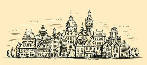 Town Old Houses Hand Drawn Cityscape Sketch Vintage Illustration — Stock Vector