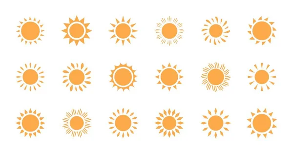 Yellow Sun Icon Vector Set Summer Heat Symbol Isolated White —  Vetores de Stock