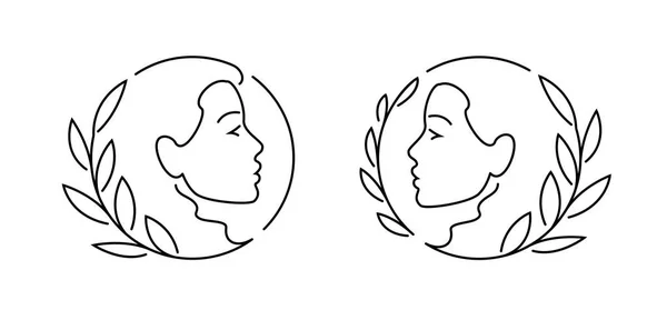 Woman Face Leaves Logo Emblem Design Beauty Salon Massage Organic —  Vetores de Stock