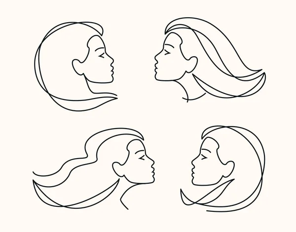 Set Vector Stylized Woman Faces Beauty Fashion Concept Linear Style — Stock vektor