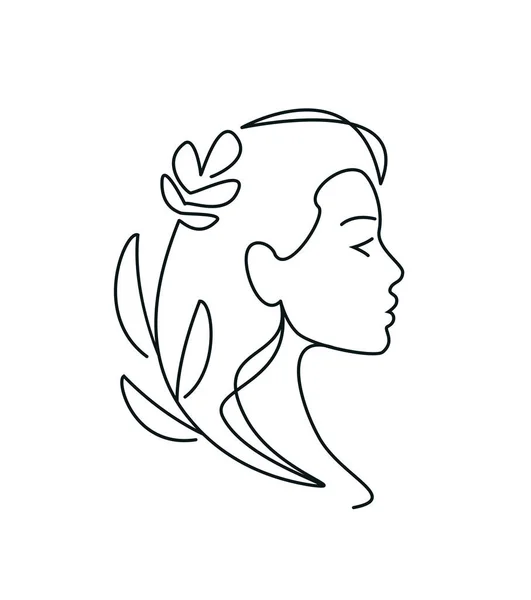 Menina Bonita Com Logotipo Folhas Desenho Linha Emblema Beleza Feminina — Vetor de Stock