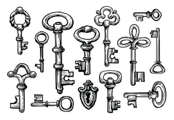 Keys Set Sketch Hand Drawn Vintage Sketch Vector Illustration — Wektor stockowy