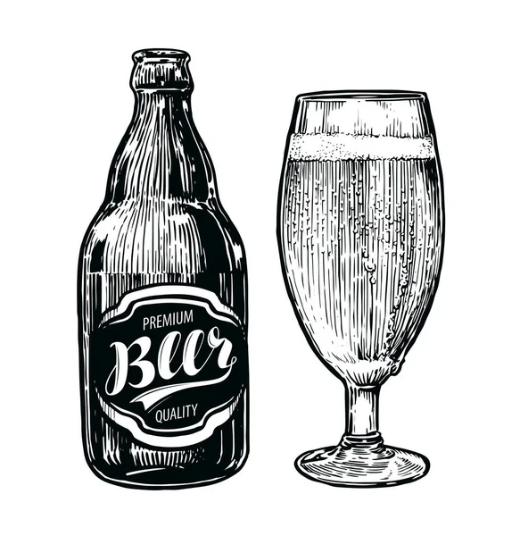 Bière Mousseuse Verre Bouteille Bière Esquisse Dessinée Main Illustration Vectorielle — Image vectorielle