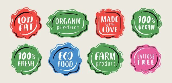 Vector Organic Labels Emblems Natural Products Packaging Fresh Eco Food — Vetor de Stock