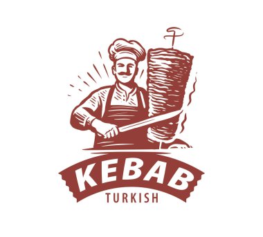 Shawarma kebap logosu tasarımı. Türk ve Arap fast food restoranları için vektör etiketi