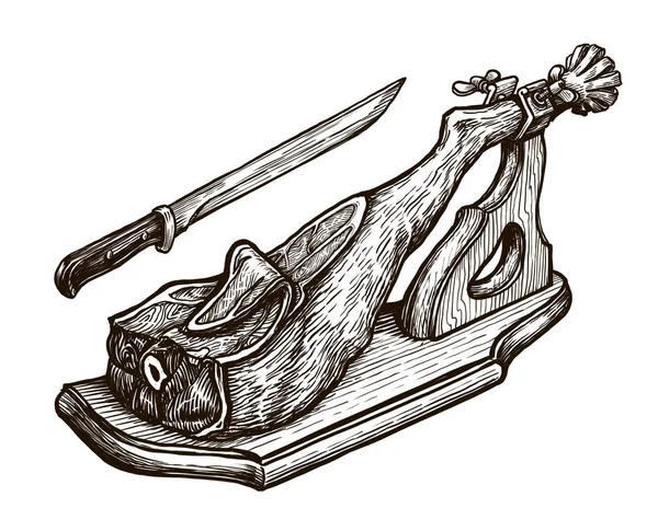 Jamon Wooden Stand Sketch Illustration Butcher Shop Farm Meat Products — Foto Stock