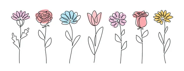 Continuous Line Drawing Set Flowers Plants One Line Illustration Minimalist — Stockvector