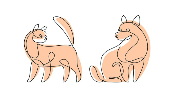 Continuous Line Drawing Set Pets Dog Cat One Line Illustration — Stockvektor