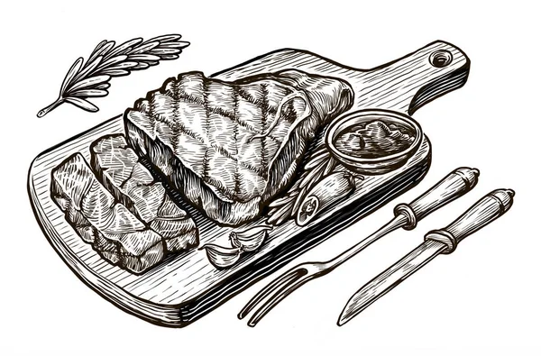 Steak Bbq Drawing Meat Hand Drawn Illustration — Stockfoto