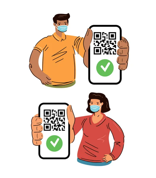 设备屏幕上的接种数字证书护照 男人和女人的智能手机Qr代码 矢量说明 — 图库矢量图片