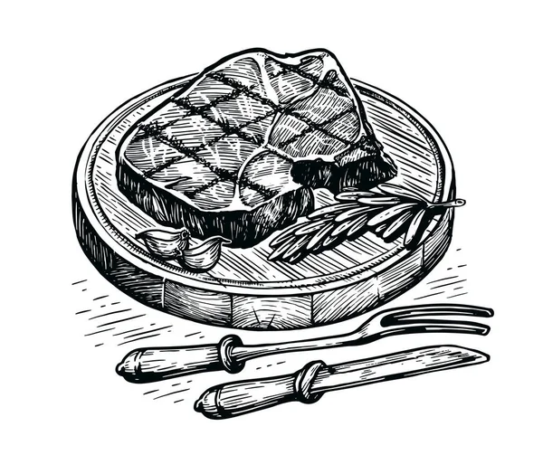 Σκετς Μπριζόλα Προϊόν Κρέατος Ζωγραφισμένο Στο Χέρι Vector Vintage Εικόνα — Διανυσματικό Αρχείο