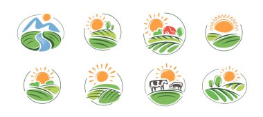 Çiftçilik, tarım logosu. Çiftlik arazileri ve güneş organik ürünler için amblem koleksiyonu.