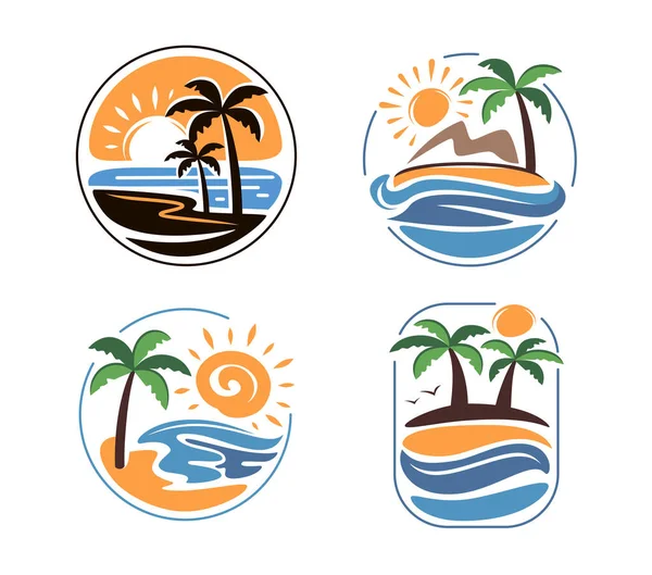 Logo Plage Palm Sea Étiquettes Design Vacances Été Badges Ensemble — Image vectorielle