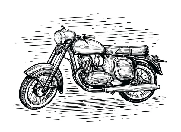 Vintage Motorfiets Zwarte Tekening Schets Geïsoleerd Witte Achtergrond Vectorillustratie — Stockvector