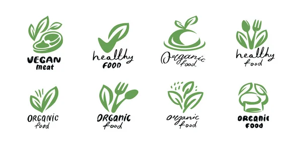 Organic Vegan Conjunto Logotipo Comida Ícone Vetor Produto Ecológico Símbolo — Vetor de Stock