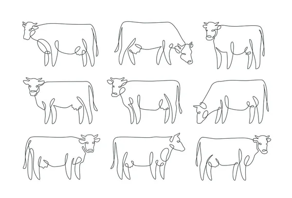 Conjunto Dibujos Continuos Una Línea Una Vaca Animales Granja Estilo — Vector de stock