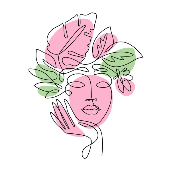 Portrait Woman Face Flowers Line Vector Drawing Beauty Fashion Minimalist — Stock Vector