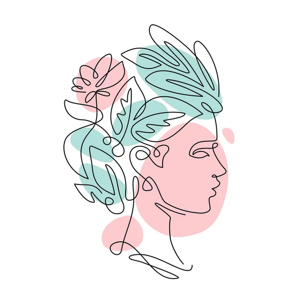 Cara Mujer Con Flores Línea Vector Dibujo Moda Belleza Minimalista — Archivo Imágenes Vectoriales