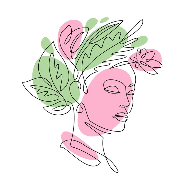 Cara Mujer Con Flores Línea Vector Dibujo Moderno Estilo Lineal — Archivo Imágenes Vectoriales
