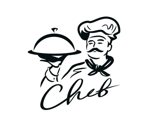 Chef Med Maträtt Handen Logotyp Matlagning Restaurang Meny Symbol Vektorillustration — Stock vektor