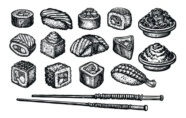 Sushi Dan Roti Gulung Siap Sketsa Makanan Jepang Ilustrasi Vektor - Stok Vektor