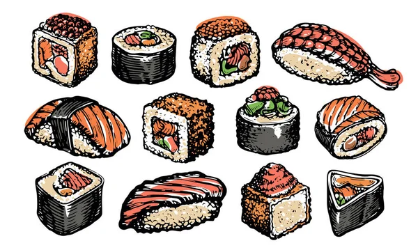 Sushi Set Ilustração Vetor Comida Japonesa Desenhada Mão —  Vetores de Stock