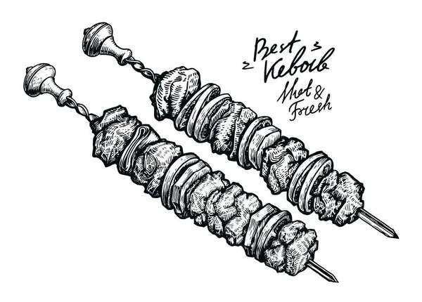 Shish Kebab Ramrod Sketch Hand Drawn Vector Illustration Restaurant Menu — Stock Vector