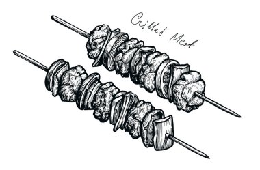 Şişte ızgara et kebabı, vektör çizimi. Barbekü yemek taslağı.
