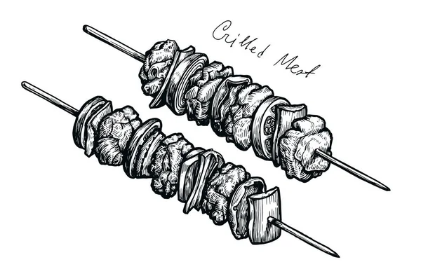 Grilované Maso Kebab Špejle Držet Vektorové Ilustrace Kresba Jídla Pro — Stockový vektor