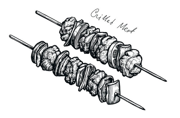 Grilled meat kebab on skewers stick vector illustration. Barbecue food sketch