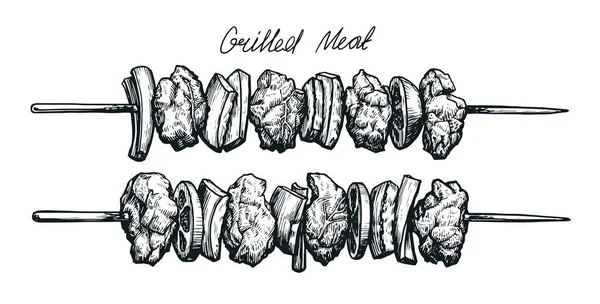 Shashlik Barbecue Grillé Avec Viande Légumes Barbecue Nourriture Croquis Dessin — Image vectorielle