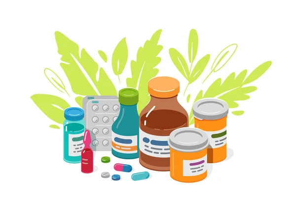 Various Medical Equipment Drugs Pills Capsules Bottles Medicine Pharmacy Hospital — Stock Vector