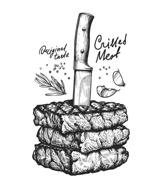 Couteau Steaks Croquis Vectoriel Cuisson Viande Pour Barbecue Illustration Style — Image vectorielle