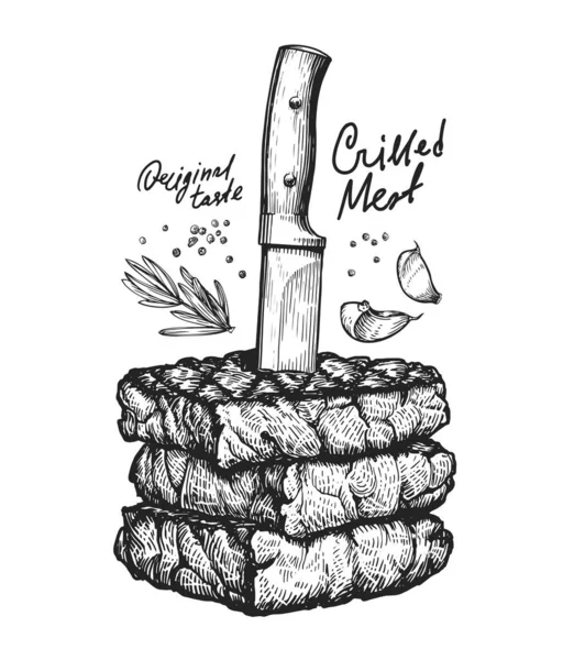 Cuchillo Filetes Boceto Vectorial Cocinar Carne Para Barbacoa Estilo Vintage — Vector de stock