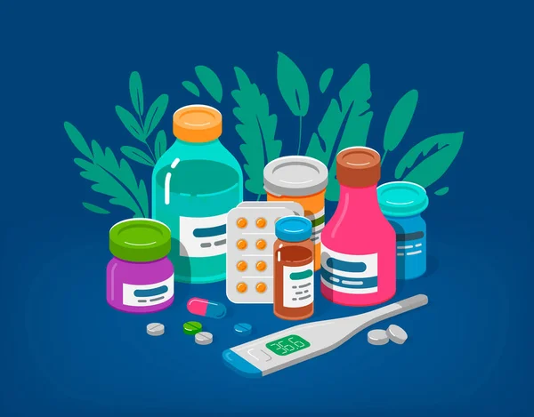 Ensemble Médicaments Flacon Drogue Vecteur Pilule Concept Pharmacie Soins Santé — Image vectorielle