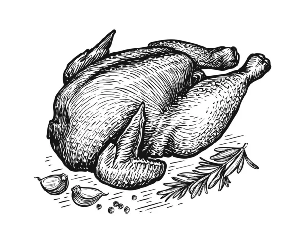Pişirmek Için Çiğ Tavuk Leşi Kümes Hayvanları Kabartma Taslak Stili — Stok Vektör