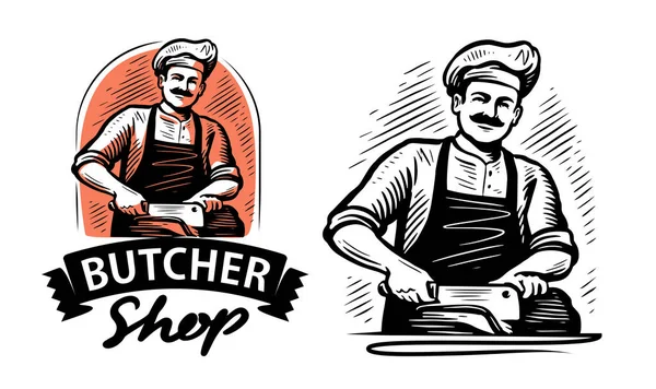 Chef Corta Trozo Carne Con Cuchilla Emblema Carnicería Ilustración Vectorial — Archivo Imágenes Vectoriales